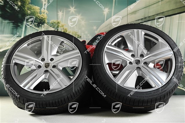 22-inch Macan Exclusive Design winter wheel set, rims 9J x 22 ET29 + 11J x 22 ET47 + Continental winter tyres 255/40 R22 + 295/35 R22, Platin Silver
