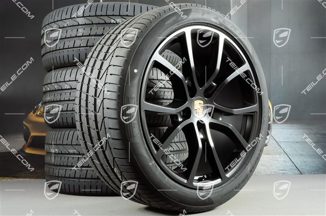 21" koła letnie Cayenne Exclusive Design, komplet, felgi 9,5J x 21 ET46 + 11,0J x 21 ET58 + NOWE opony letnie Pirelli P Zero 285/40 R21 + 315/35 R21, z czujnikami ciśnienia, czarny półmat satyna