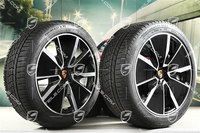 21" Koła zimowe Turbo, komplet, felgi 8,5J x 21 ET27 + 10,5J x 21 ET47 + opony zimowe Continental 255/45 R21 + 285/40 R21, czarny wysoki połysk