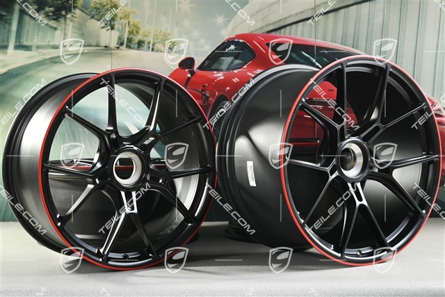 20+21 -inch GT3 wheel rim set, 9,5J x 20 ET46 + 12J x 21 ET45, black satin mat + red rim border