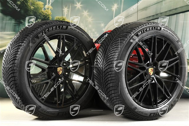 21" koła zimowe Cayenne COUPE "RS Spyder Design", komplet, felgi 9,5J x 21 ET46 + 11,0J x 21 ET49 + NOWE opony zimowe Michelin Pilot Alpin 5 SUV 285/45 R21 + 305/40 R21, z czujnikami ciśnienia, czarny wysoki połysk