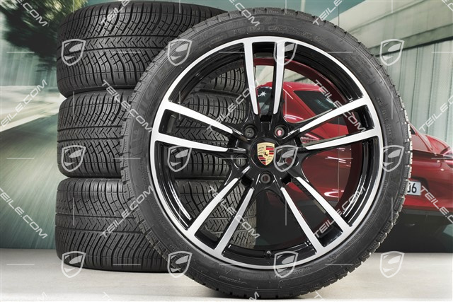 21" koła zimowe Cayenne Turbo, komplet, felgi 9,5J x 21 ET46 + 11,0J x 21 ET58 + opony zimowe Michelin 275/40 R21 + 305/35 R21, z czujnikami ciśnienia, czarny wysoki połysk