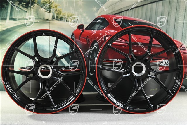 20+21 -inch GT3 wheel rim set, 9,5J x 20 ET46 + 12J x 21 ET45, black satin mat + red rim border