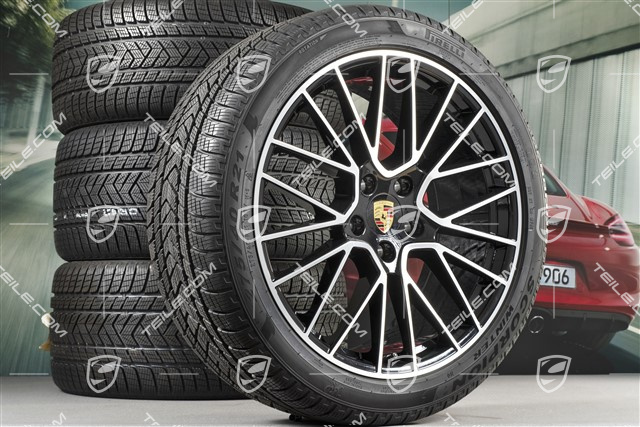 21" Cayenne RS Spyder Winterräder Satz, Felgen 9,5J x 21 ET46 + 11,0J x 21 ET58 + NEUE Pirelli Winterreifen 275/40 R21 + 305/35 R21, mit RDK-Sensoren, schwarz hochglanz