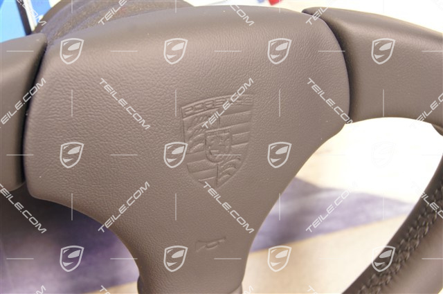 Sportlenkrad, 3-Speichen, Leder mit schwarzer Naht und geprägtem Porsche Schriftzug, ohne Airbag