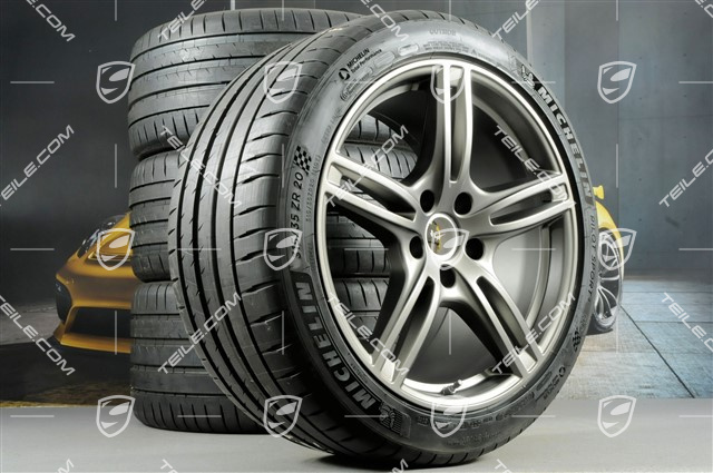 20" Panamera Turbo Sommerräder, Felgen 9,5J x 20 ET71 + 11,5J x 20 ET68 + Michelin Sommerreifen 275/40 ZR20 + 315/35 ZR20, mit RDK-Sensoren, Platinum Seidenmatt