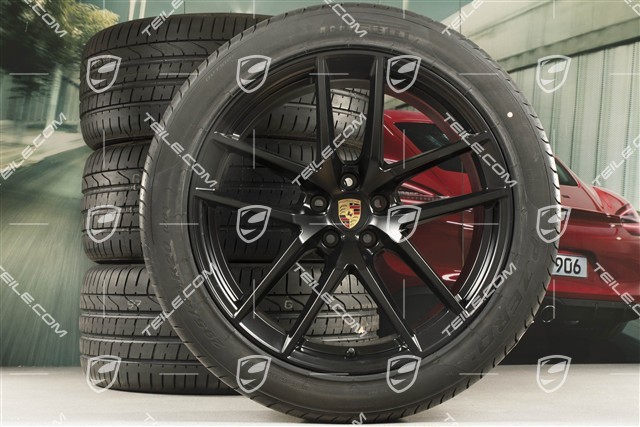 20" "Macan S" Sommerräder Satz, Felgen 9J x 20 ET26 + 10J x 20 ET19 + NEUE Pirelli Sommerreifen 265/45 R20 + 295/40 R20, Schwarz seidenmatt, mit RDK-Sensoren