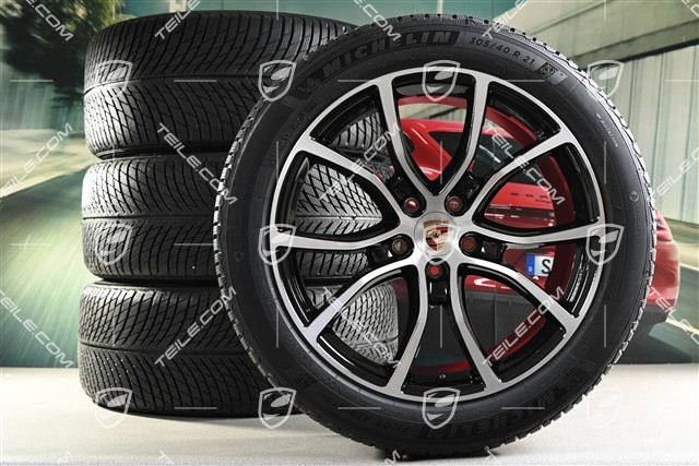 21" koła zimowe Cayenne COUPE Exclusive Design, komplet, felgi 9,5J x 21 ET46 + 11,0J x 21 ET49 + opony zimowe Michelin Pilot Alpin 5 SUV 285/45 R21 + 305/40 R21, z czujnikami ciśnienia, czarny wysoki połysk