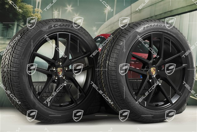 20" "Macan S" koła zimowe, komplet, felgi 9J x 20 ET26 + 10J x 20 ET19, opony zimowe Pirelli 265/45 R 20 + 295/40 R 20, czarny satynowy półmat, z czujnikami ciśnienia RDK