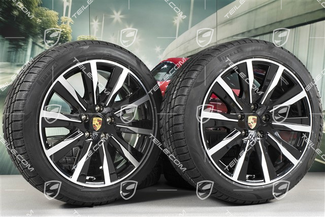 20" koła zimowe Taycan Tequipment Design, komplet, felgi 9J x 20 ET54 + 11J x 20 ET60, opony zimowe Pirelli 245/45 R20 + 285/40 R20, czarny wysoki połysk