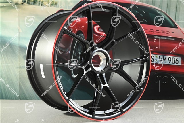 20+21 -inch GT3 wheel rim set, 9,5J x 20 ET46 + 12J x 21 ET45, black satin mat + red rim border