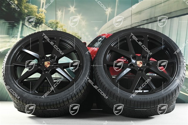 21" Panamera SportDesign Winterräder Satz, Felgen 9,5J x 21 ET71 + 10,5J x 21 ET71 + NEUE Continental Winterreifen 275/35 R21 + 315/30 R21, Schwarz Seidenmatt