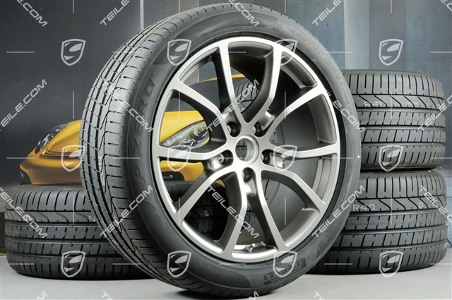 21-inch Cayenne COUPE Exclusive Design summer wheel set, rims 9,5J x 21 ET46 + 11,0J x 21 ET49 + NEW Pirelli summer tyres 285/40 R21 + 315/35 R21, Platinum satin matt, with TPMS