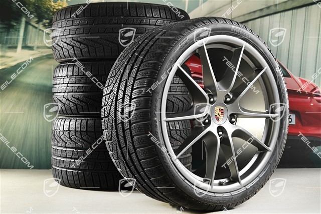 20" Komplet kół zimowych Carrera S (III), 8,5J x 20 ET51 + 11J x 20 ET70 + NOWE opony zimowe Pirelli 245/35 ZR20 + 295/30 ZR20, Platinum, z czujnikami ciśnienia RDK