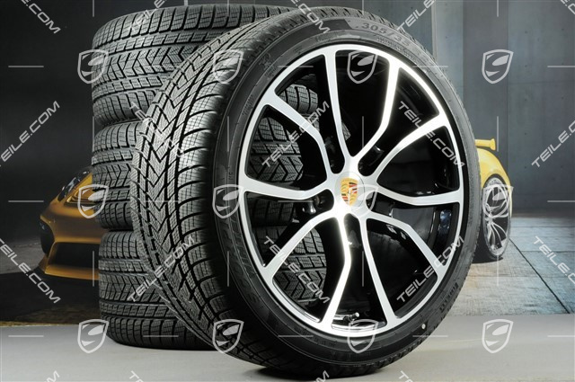 21" koła zimowe Cayenne COUPE Exclusive Design, komplet, felgi 9,5J x 21 ET46 + 11,0J x 21 ET49 + NOWE opony zimowe Pirelli 275/40 R21 + 305/35 R21, z czujnikami ciśnienia, czarny wysoki połysk + polerowana powierzchnia