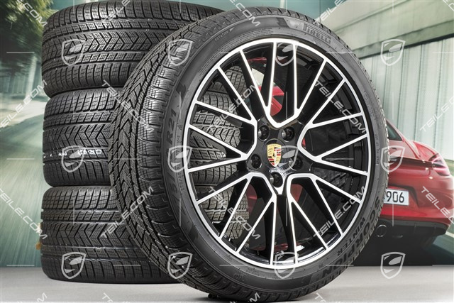 21" Cayenne RS Spyder Winterräder Satz, Felgen 9,5J x 21 ET46 + 11,0J x 21 ET58 + NEUE Pirelli Winterreifen 275/40 R21 + 305/35 R21, mit RDK-Sensoren, schwarz hochglanz
