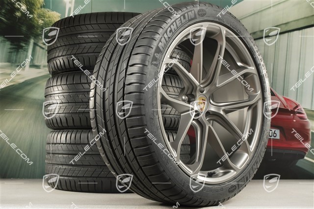 21" GT Design Sommerräder, Felgen 9,5J x 21 ET27 + 10J x 21 ET19 + NEUE Michelin Sommerreifen 265/40 R21 + 295/35 R21, platinum seidenmatt, mit RDK-Sensoren