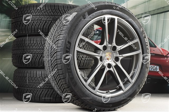 20" Cayenne Sport Winterräder Satz, Felgen 9J x 20 ET50 + 10,5J x 20 ET64 + Michelin Winterreifen 275/45 R20 + 305/40 R20, mit RDK-Sensoren, in Platinum Seidenmatt