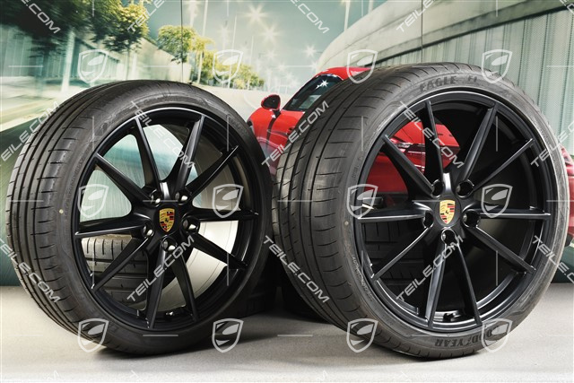 20+21-inch summer wheel set Carrera S, rims 8,5J x 20 ET53 + 11,5J x 21 ET67 + NEW Goodyear summer tyres 245/35 R20 + 305/30 R21, with TPM, black satin matt