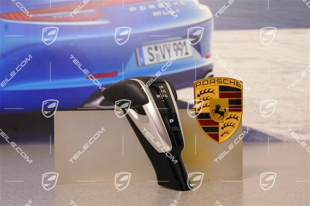 Dźwignia biegów, Exclusive Design, z wytłoczonym herbem Porsche, gładka skóra, czarna