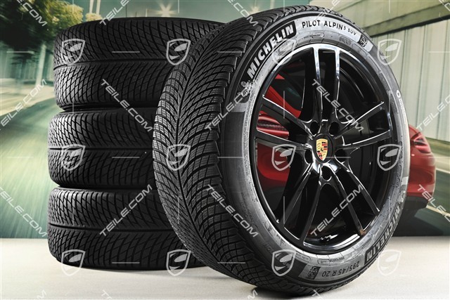 20" koła zimowe Cayenne Sport, komplet, felgi 9J x 20 ET50 + 10,5J x 20 ET55 + opony zimowe Michelin 255/55 R20 + 295/45 R20, z czujnikami ciśnienia, czarny wysoki połysk