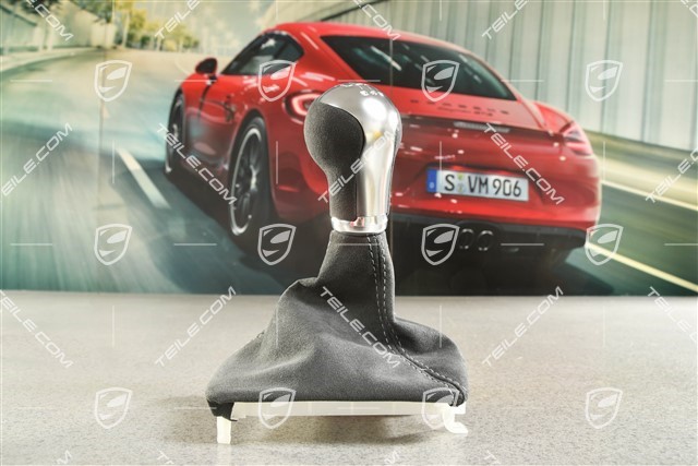 GT3 / Speedster, Gałka zmiany biegów z mieszkiem, 6 biegów manual, Alcantara czarna ze srebrnym przeszyciem