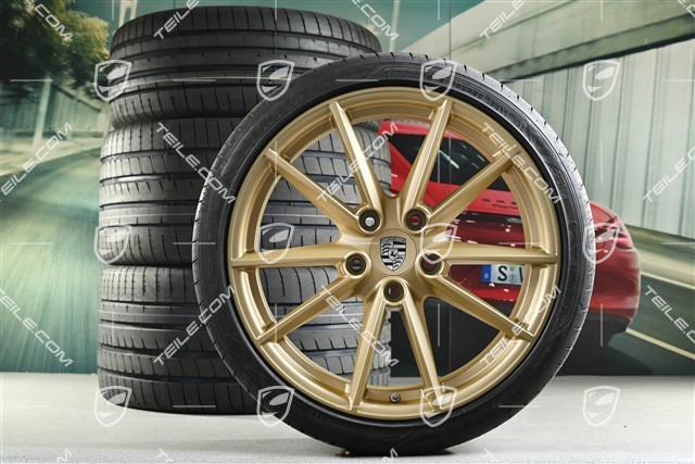 20+21-inch summer wheel set Carrera S, rims 8,5J x 20 ET53 + 11,5J x 21 ET67 + summer tyres 245/35 R20 + 305/30 R21, with TPM, Aurum satin matt