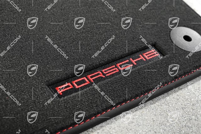 Fußmatten Satz / Fussmattensatz, Velours, 4-teilig, schwarz mit gesticktem Roten „PORSCHE“ Schriftzug