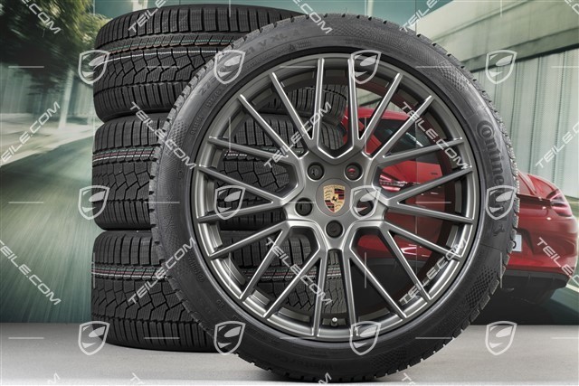 21" Cayenne COUPÉ RS Spyder Winterräder Satz, Felgen 9,5J x 21 ET46 + 11,0J x 21 ET49 + NEUE Continental Winterreifen 275/40 R21 + 305/35 R21, mit RDK-Sensoren, Platinum Seidenmatt