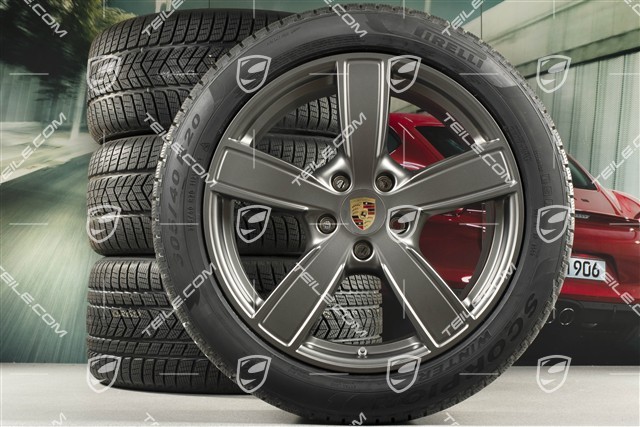 20" koła zimowe Cayenne COUPE Sport Classic, komplet, felgi 9J x 20 ET50 + 10,5J x 20 ET55 + opony zimowe Pirelli 275/45 R20 + 305/40 R20, z czujnikami ciśnienia, Platinum satynowy półmat
