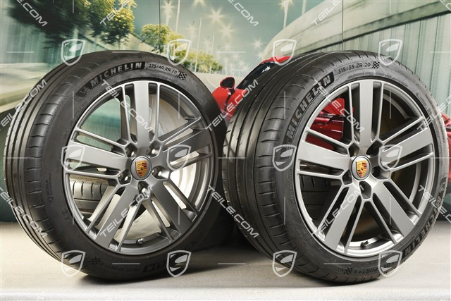 20-inch Panamera Design 2 summer wheel set, rims 9,5J x 20 ET71 + 11,5J x 20 ET68 + Michelin summer tires 275/40 ZR20 + 315/35 ZR20, with TPM, Platinum satin matt