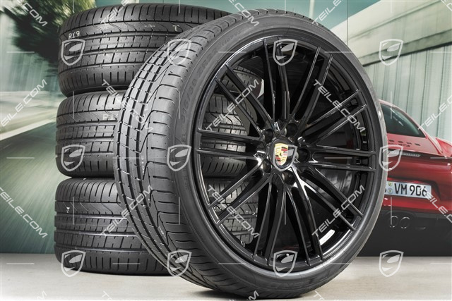 22-inch summer wheel set 911 Turbo IV Design, rims 10J x 22 ET48 + 11,5J x 22 ET61 + Pirelli summer tyres 285/35 ZR22 + 315/30 ZR22,  black high gloss, with TPM