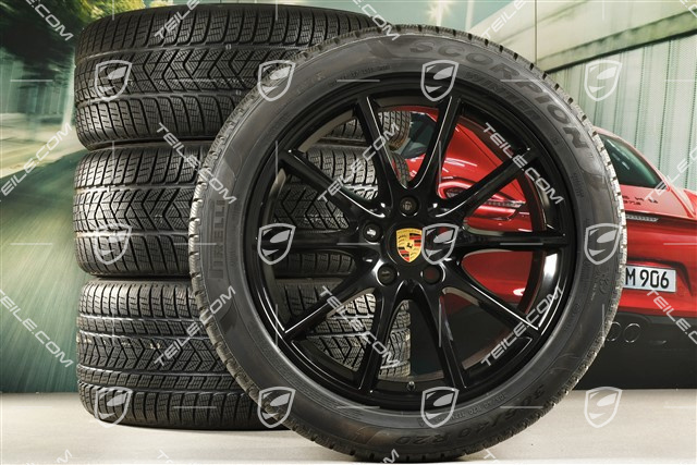 20" koła zimowe Cayenne Design, komplet, felgi 9J x 20 ET50 + 10,5J x 20 ET64 +NOWE opony zimowe Pirelli 275/45 R20 + 305/40 R20, z czujnikami ciśnienia, czarny wysoki połysk