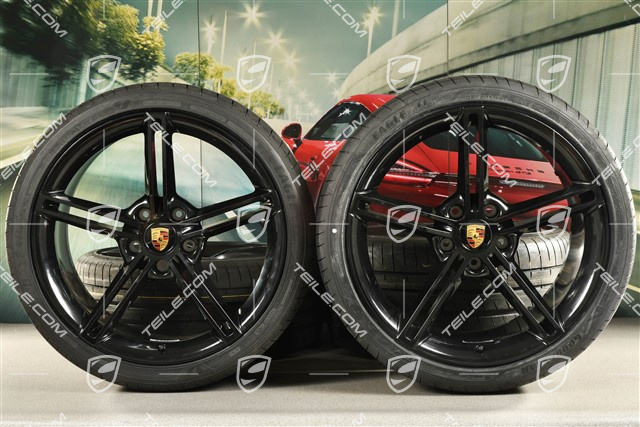 21" koła letnie Mission E Design, komplet, felgi 9,5J x 21 ET60 + 11,5J x 21 ET66 + opony letnie Goodyear 265/35 R21 + 305/30 R21, czarny wysoki połysk