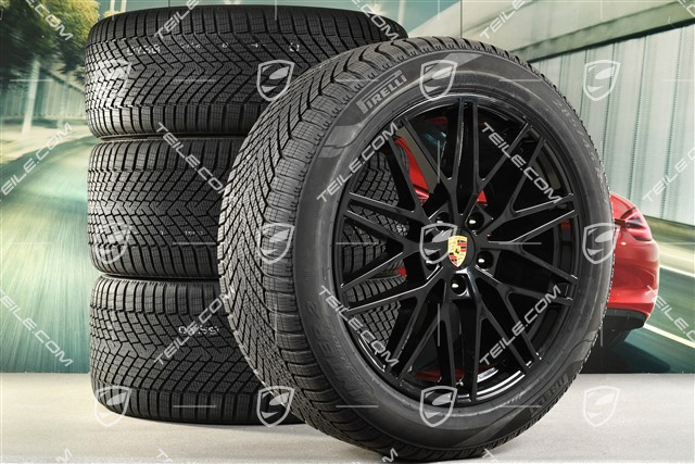 21" koła zimowe Cayenne COUPE "RS Spyder Design", komplet, felgi 9,5J x 21 ET46 + 11,0J x 21 ET49 + opony zimowe Pirelli Scorpion Winter 2 285/45 R21 + 305/40 R21, z czujnikami ciśnienia, czarny wysoki połysk