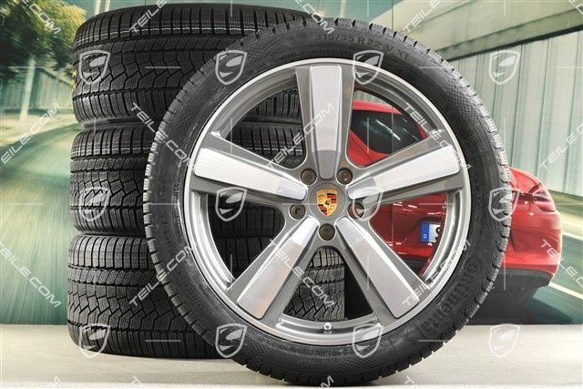 22" Koła zimowe, komplet, Cayenne Exclusive Design Sport, felgi 10J x 22 ET48 +11,5J x 22 ET61 + opony zimowe Continental 285/40 R22 + 315/35 R22, platynowy srebrny