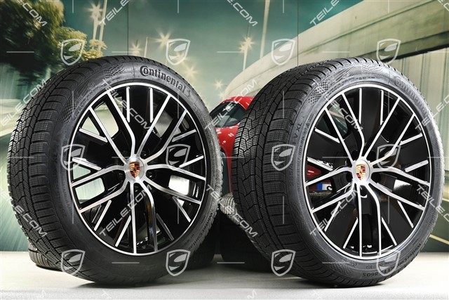 21" Macan Design Winterräder Satz, Felgen 8,5J x 21 ET27 + 10,5J x 21 ET47 + NEUE Continental Winterreifen 255/45 R21 + 285/40 R21, in Schwarz Hochglanz