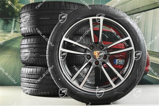 21" koła letnie Cayenne Turbo, komplet, felgi 9,5J x 21 ET46 + 11,0J x 21 ET58 + opony letnie Pirelli P Zero 285/40 R21 + 315/35 R21, z czujnikami ciśnienia, ciemny tytan + polerowane