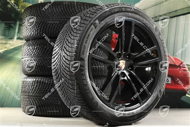 21" Cayenne COUPÉ Turbo Design Winterräder Satz, Felgen 9,5J x 21 ET46 + 11,0J x 21 ET49 + NEUE Michelin Winterreifen 285/45 R21 + 305/40 R21, mit RDK-Sensoren, schwarz hochglanz