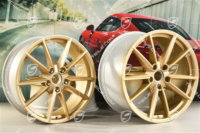 20"+21" Komplet felg Carrera S, 8,5J x 20 ET53 + 11J x 21 ET66, złoty satynowy półmat