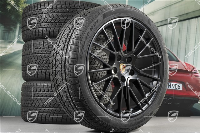 21-inch Cayenne COUPÉ RS Spyder winter wheel set, rims 9,5J x 21 ET46 + 11,0J x 21 ET49 + Pirelli winter tyres275/40 R21 + 305/35 R21, with TPMS, black satin matt