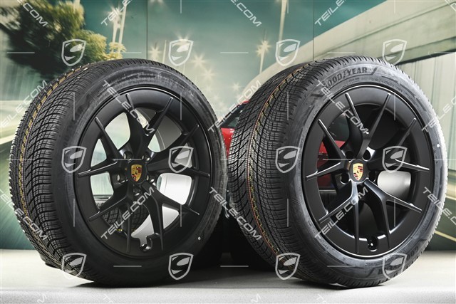21" koła zimowe Cayenne RS Spyder Design, komplet, felgi 9,5J x 21 ET16 + 11J x 21 ET37 + opony zimowe Goodyear UltraGrip Performance 3 SUV 275/45 R21 + 315/40 R21, czarny satynowy półmat