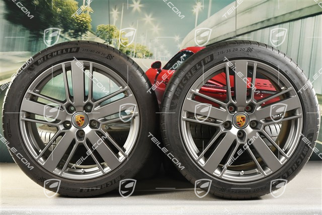 20-inch Panamera Design 2 summer wheel set, rims 9,5J x 20 ET71 + 11,5J x 20 ET68 + Michelin summer tires 275/40 ZR20 + 315/35 ZR20, with TPM, Platinum satin matt