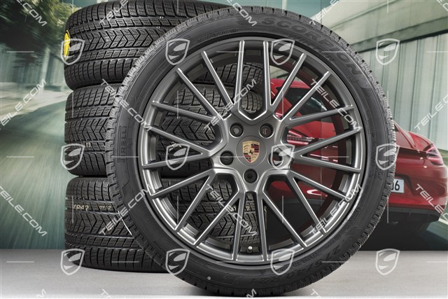 21" Cayenne RS Spyder Winterräder Satz, Felgen 9,5J x 21 ET46 + 11,0J x 21 ET58 + NEUE Pirelli Winterreifen 275/40 R21 + 305/35 R21, mit RDK-Sensoren, Platinum seidenmatt