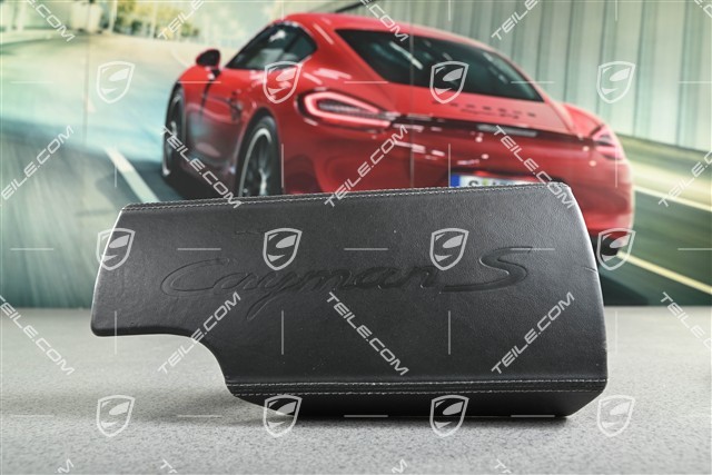 Armrest / tunnel, trim cover, Black leather with embossed Cayman S logo