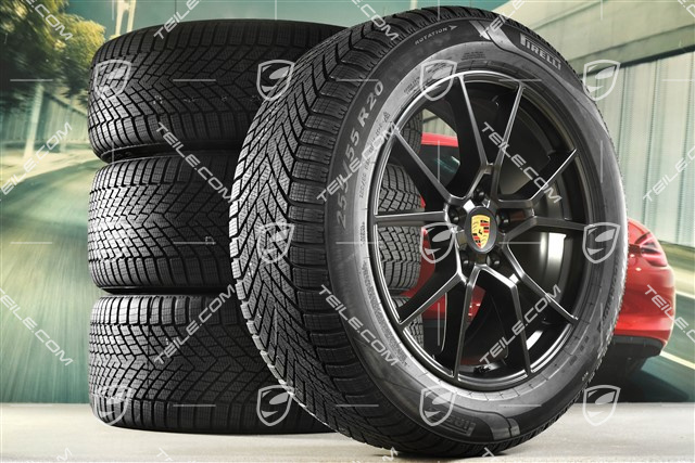 20" Cayenne S Winterräder Satz, Felgen 9J x 20 ET50 + 10,5J x 20 ET64 + NEUE Pirelli Winterreifen 255/55 R20 + 295/45 R20, mit RDK-Sensoren, Schwarz Seidenmatt