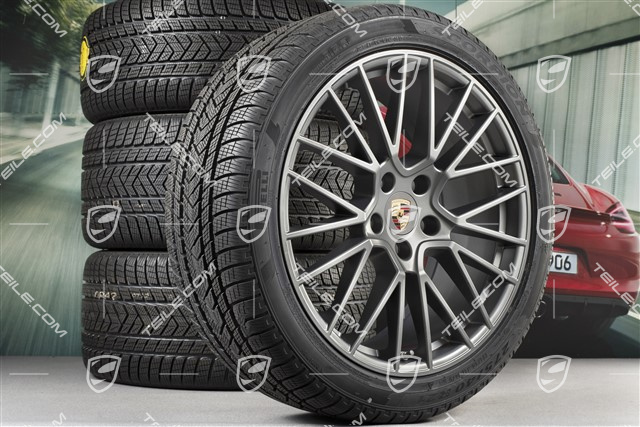 21" Cayenne RS Spyder Winterräder Satz, Felgen 9,5J x 21 ET46 + 11,0J x 21 ET58 + Pirelli Winterreifen 275/40 R21 + 305/35 R21, mit RDK-Sensoren, Platinum seidenmatt