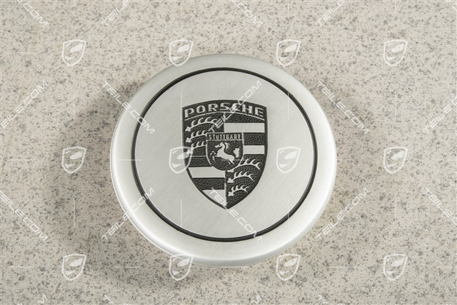 Radzierdeckel, für Innendurchmesser 71 mm, für Fuchsfelgen, eloxiert, silber mit schwarzem, geprägten Porsche Wappen