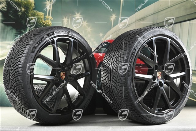 21" Panamera SportDesign Koła zimowe, komplet, felgi 9,5J x 21 ET71 + 10,5J x 21 ET71 + NOWE opony zimowe Michelin Pilot Alpin 5 275/35 R21 + 315/30 R21, czarny satynowy półmat