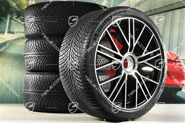21" Panamera Turbo S Koła zimowe, komplet, centralne mocowanie, felgi 9,5J x 21 ET71 + 10,5J x 21 ET71 + opony zimowe Michelin Pilot Alpin 5 275/35 R21 + 315/30 R21, czarny wysoki połysk
